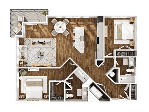 Floor plan for 2 beds, 2 baths, 1223 sqft